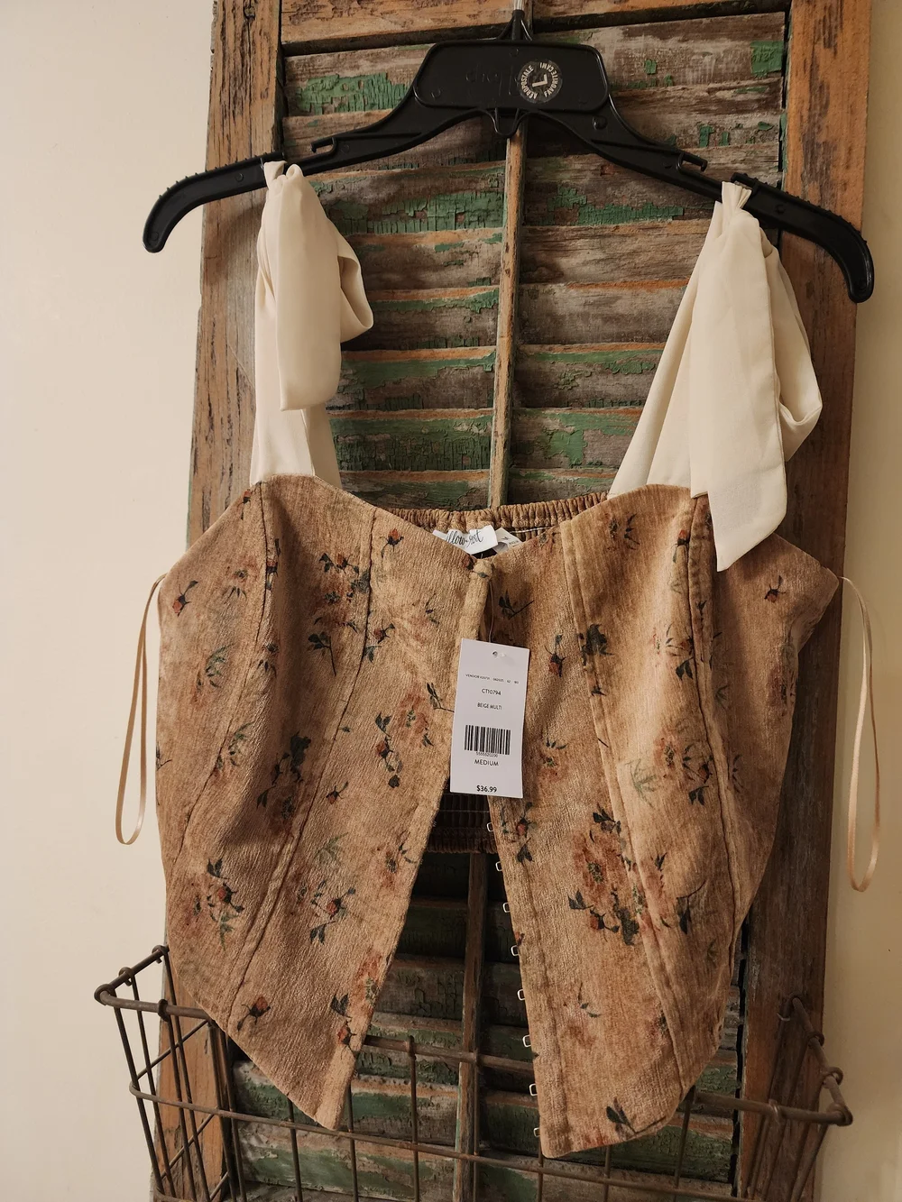 Floral Strapless Bustier Top with Cream Tie Straps